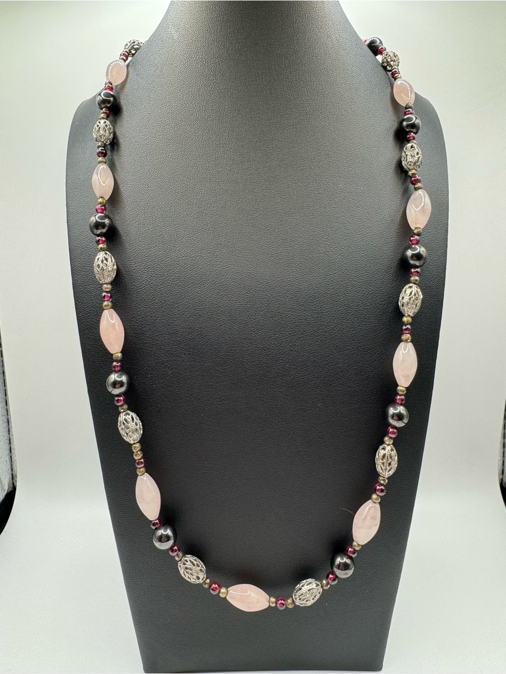 Elegant Pink Rose Quartz and Hematite Beaded Necklace